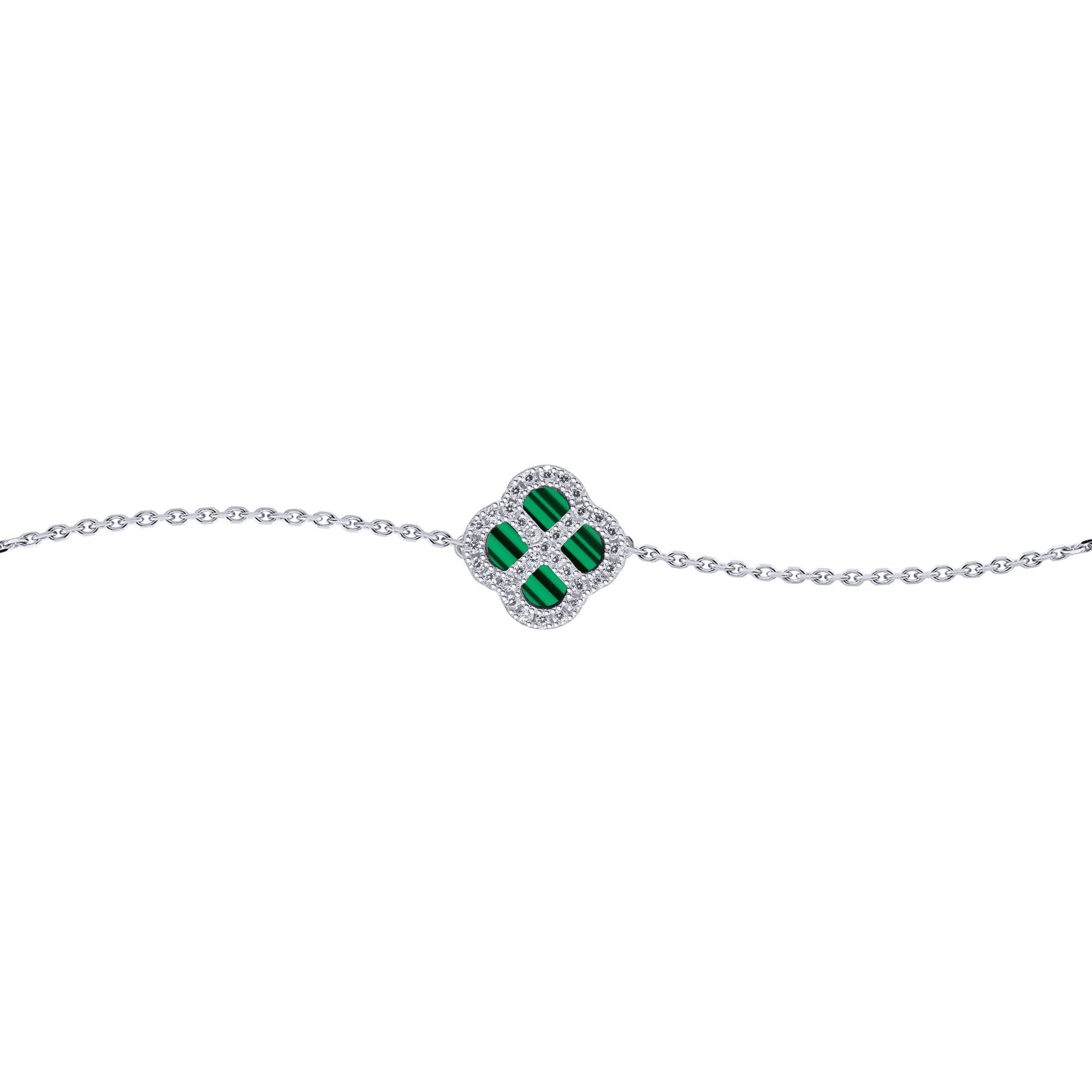 Silver  CZ Malachite Clover Kiss Charm Bracelet 6-7.5" - 8-29-2682
