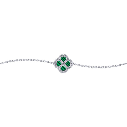Silver  CZ Malachite Clover Kiss Charm Bracelet 6-7.5" - 8-29-2682