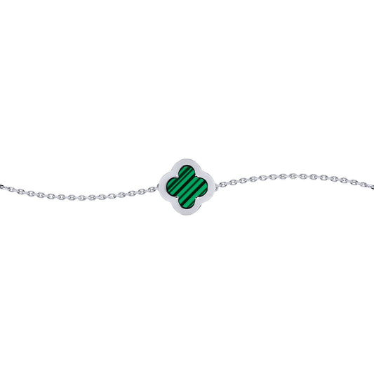 Silver  CZ Malachite Clover Kiss Charm Bracelet 6-7.5" - 8-29-2682