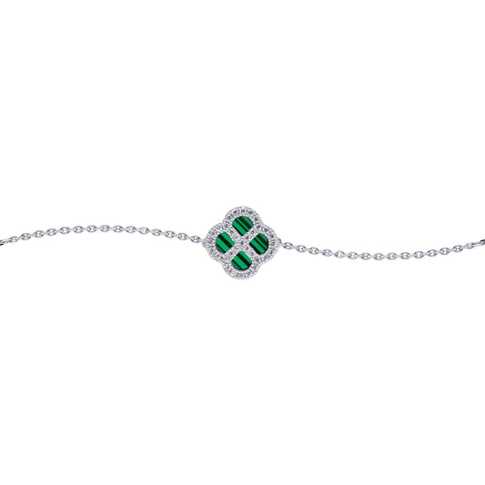 Silver CZ Malachite Clover Kiss Charm Bracelet 6-7.5" - 8-29-2682