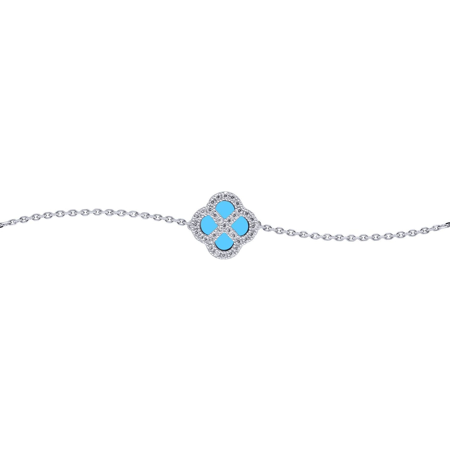 Silver  CZ Turquoise Clover Kiss Charm Bracelet 6-7.5" - 8-29-2692