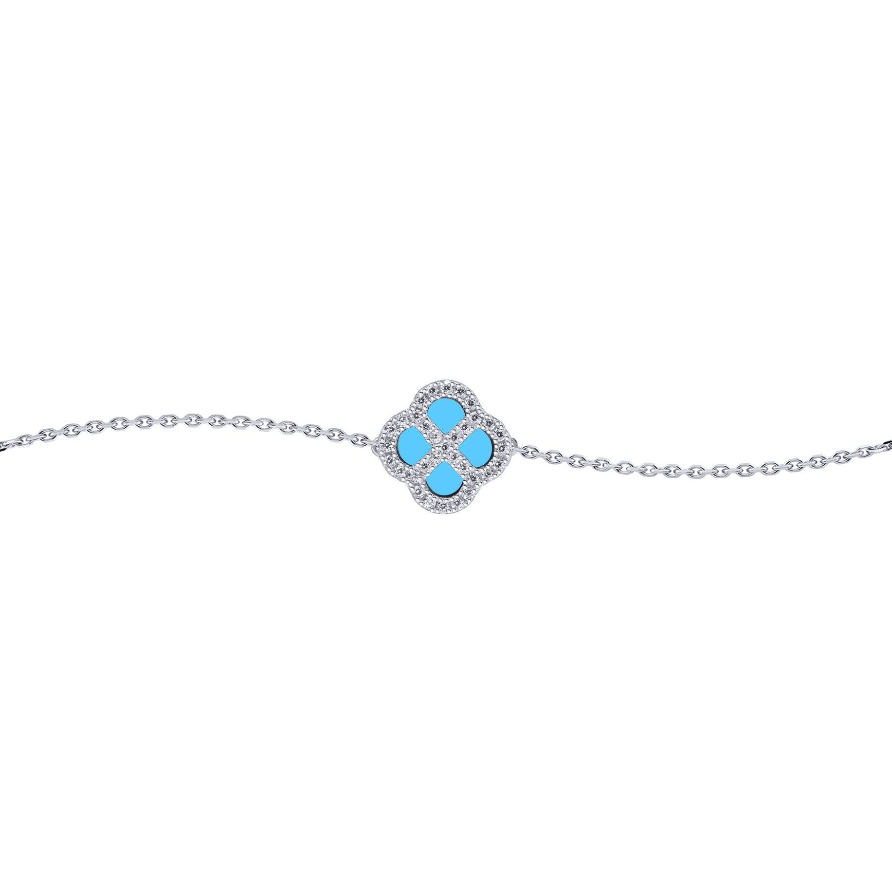 Silver  CZ Turquoise Clover Kiss Charm Bracelet 6-7.5" - 8-29-2692