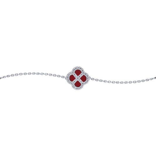 Silver CZ Red Agate Clover Kiss Charm Bracelet 6-7.5" - 8-29-2702
