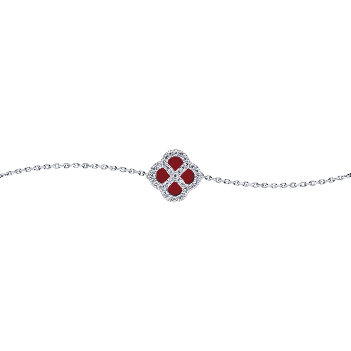 Silver  CZ Red Agate Clover Kiss Charm Bracelet 6-7.5" - 8-29-2702