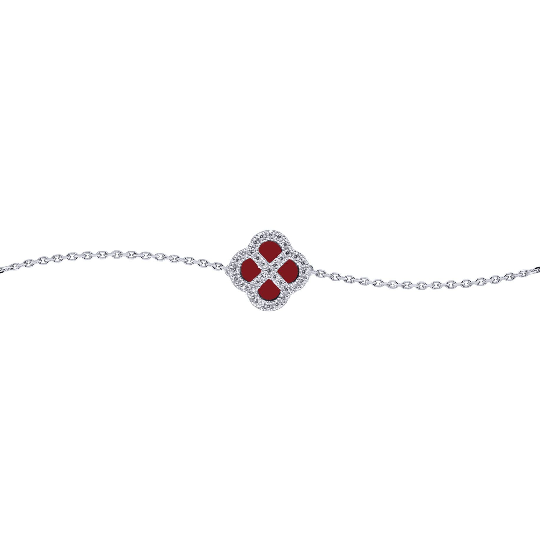 Silver  CZ Red Agate Clover Kiss Charm Bracelet 6-7.5" - 8-29-2702
