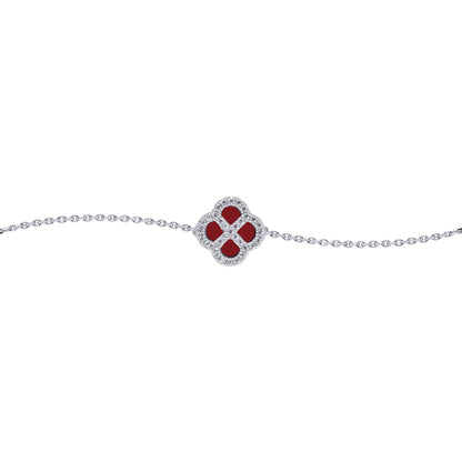 Silver  CZ Red Agate Clover Kiss Charm Bracelet 6-7.5" - 8-29-2702