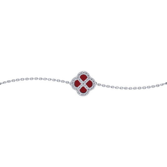 Silver  CZ Red Agate Clover Kiss Charm Bracelet 6-7.5" - 8-29-2702