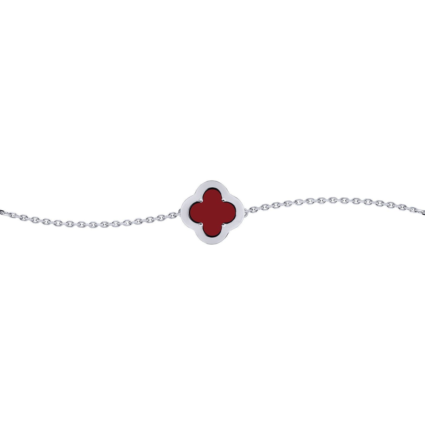 Silver  CZ Red Agate Clover Kiss Charm Bracelet 6-7.5" - 8-29-2702