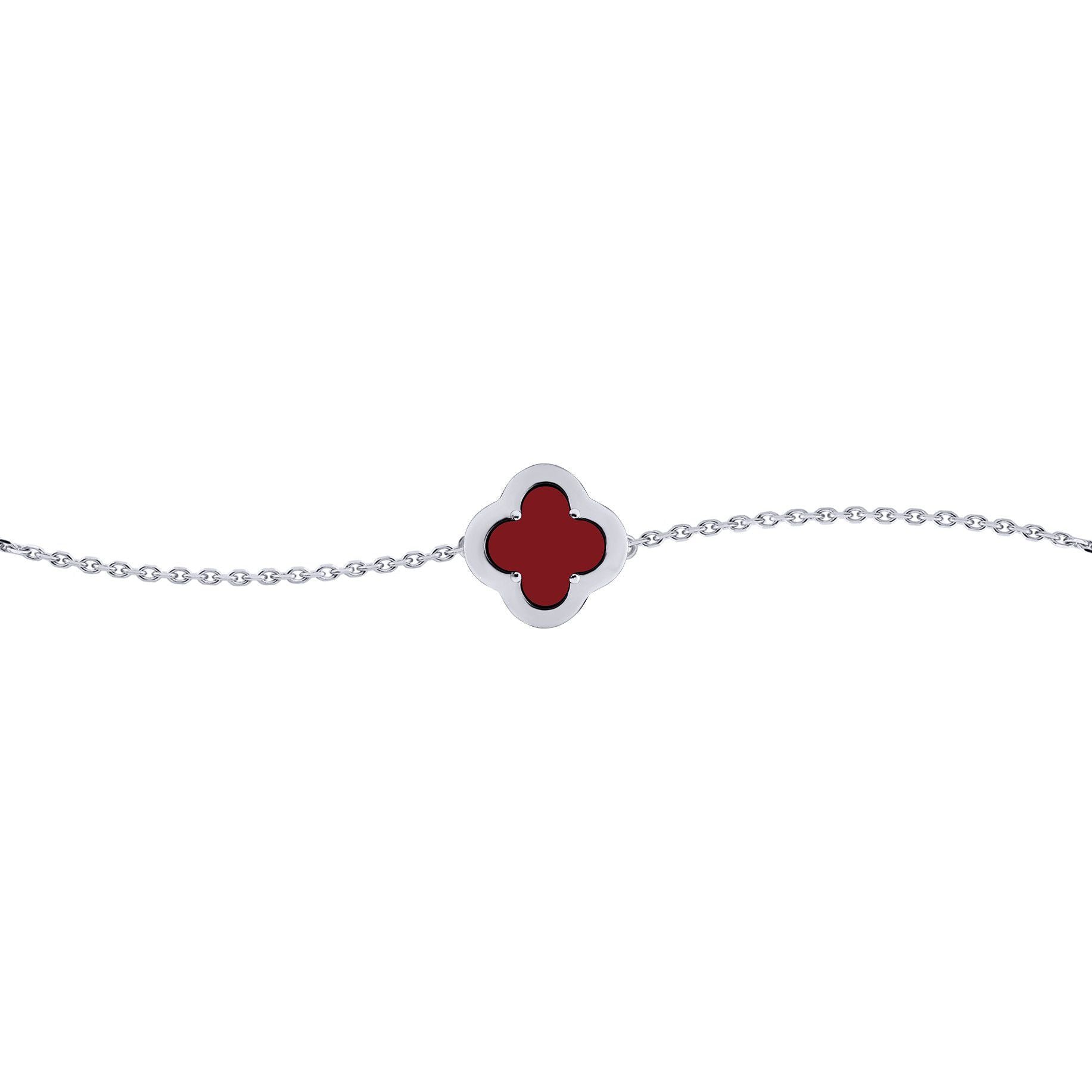 Silver  CZ Red Agate Clover Kiss Charm Bracelet 6-7.5" - 8-29-2702
