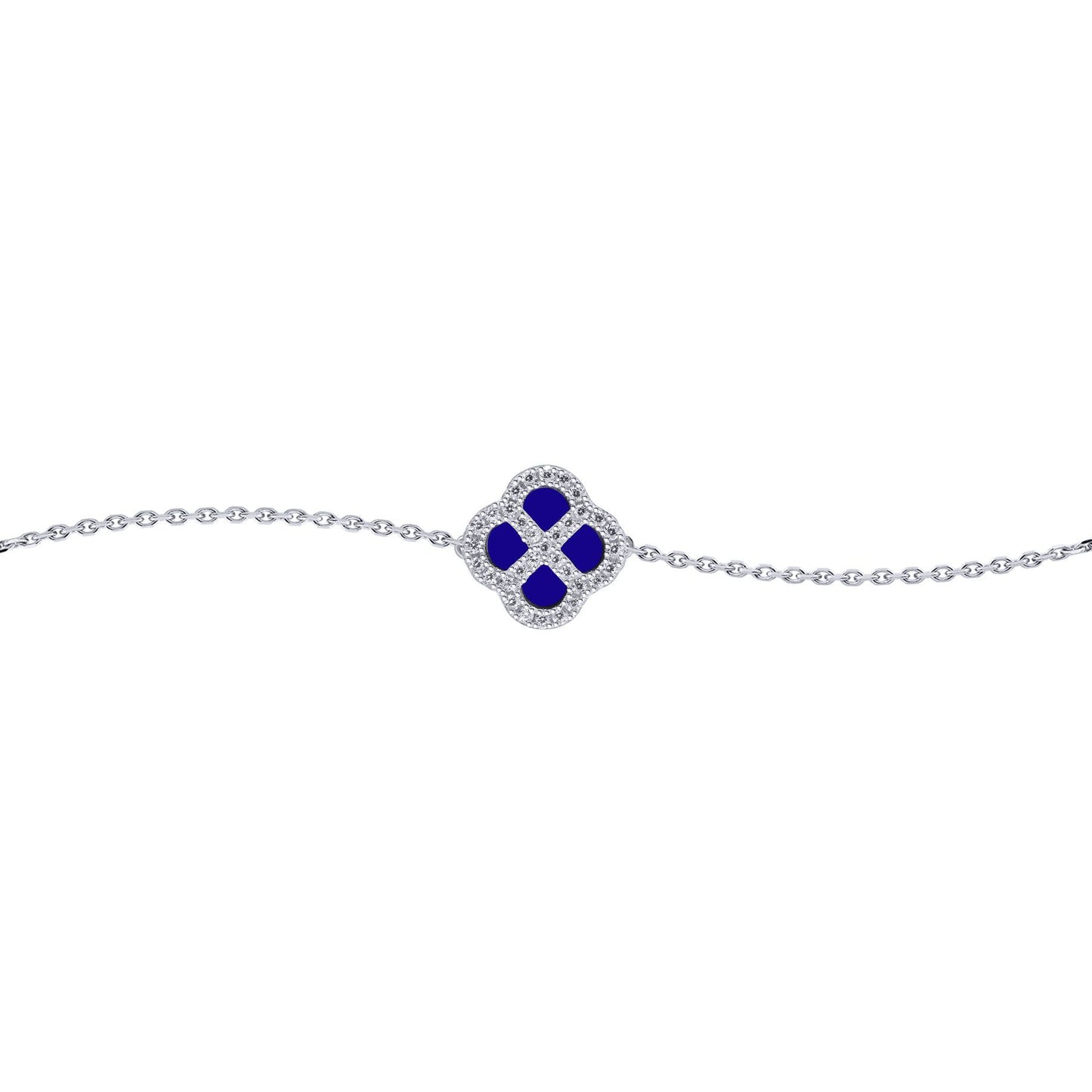 Silver  CZ Blue Lapis Lazuli Clover Kiss Charm Bracelet 6-7.5" - 8-29-2712
