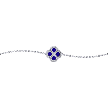 Silver  CZ Blue Lapis Lazuli Clover Kiss Charm Bracelet 6-7.5" - 8-29-2712