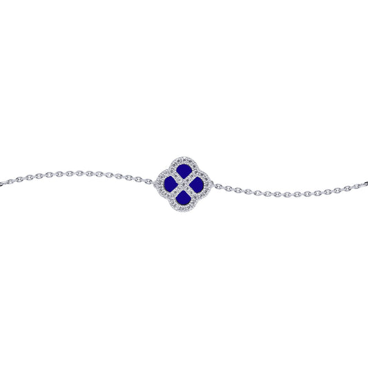 Silver  CZ Blue Lapis Lazuli Clover Kiss Charm Bracelet 6-7.5" - 8-29-2712