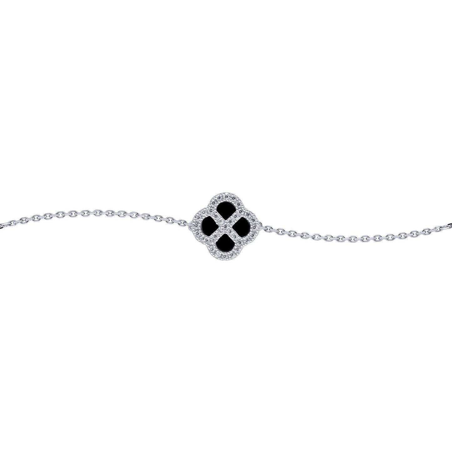 Silver  CZ Onyx Clover Kiss Charm Bracelet 6-7.5" - 8-29-2722