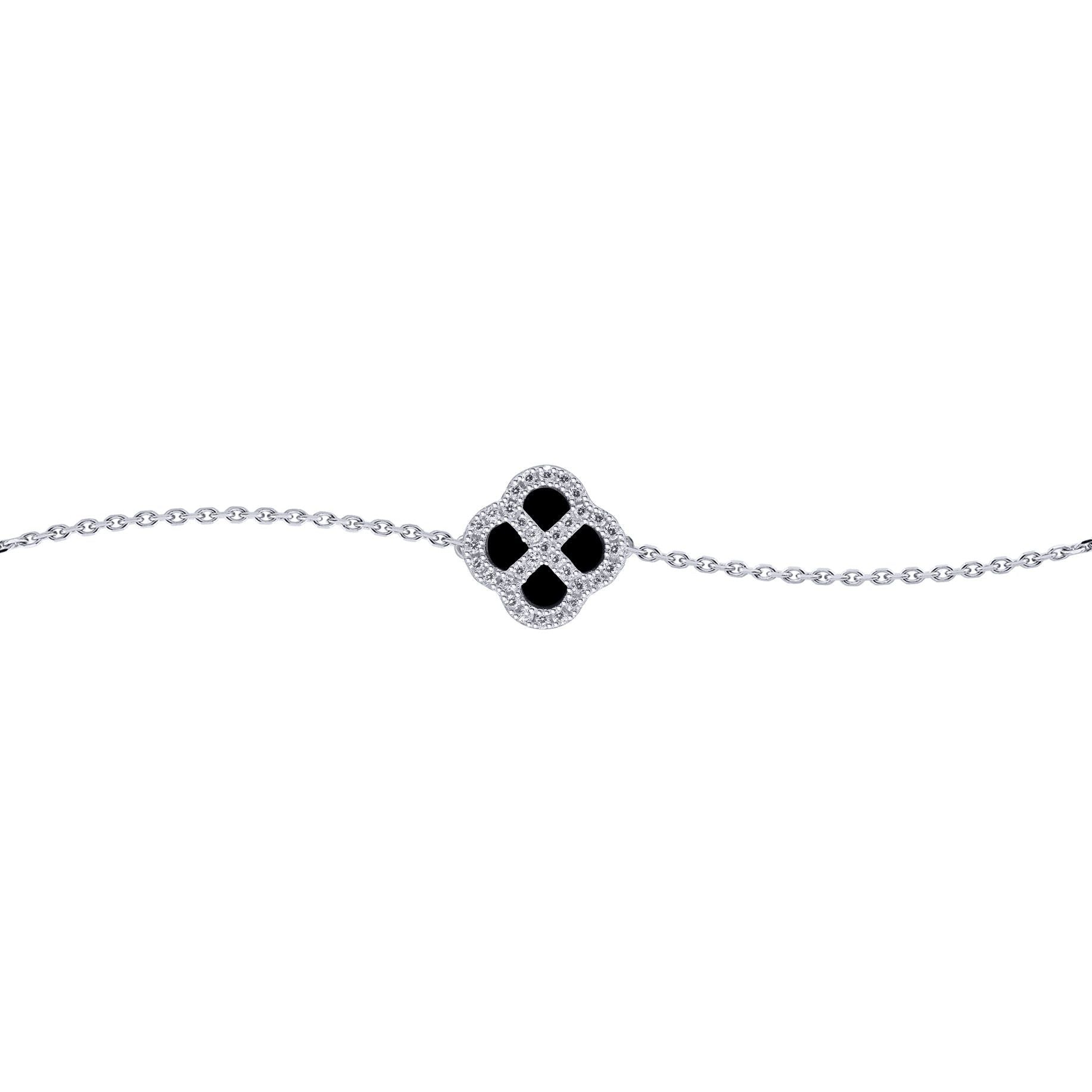 Silver  CZ Onyx Clover Kiss Charm Bracelet 6-7.5" - 8-29-2722