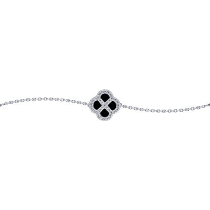 Silver  CZ Onyx Clover Kiss Charm Bracelet 6-7.5" - 8-29-2722
