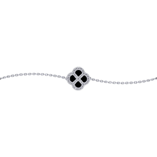 Silver  CZ Onyx Clover Kiss Charm Bracelet 6-7.5" - 8-29-2722