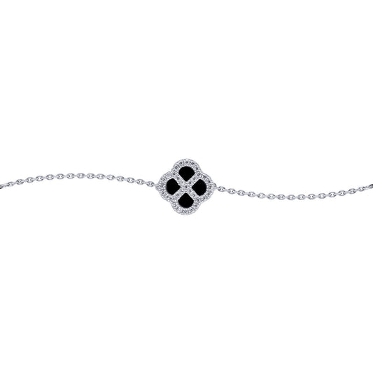 Silver CZ Onyx Clover Kiss Charm Bracelet 6-7.5" - 8-29-2722