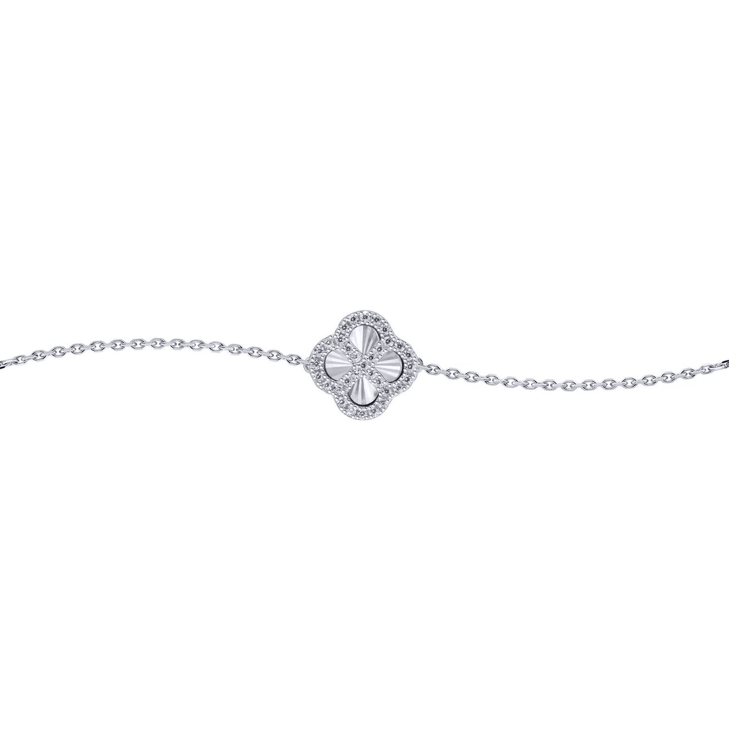 Silver  CZ Fluted Disc Clover Kiss Charm Bracelet 6-7.5" - 8-29-2762