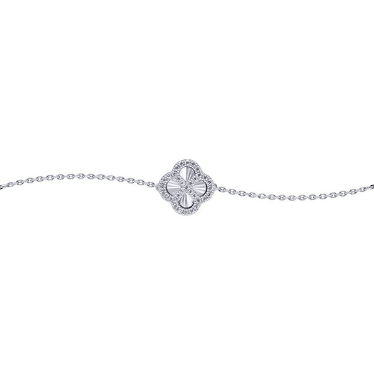 Silver  CZ Fluted Disc Clover Kiss Charm Bracelet 6-7.5" - 8-29-2762