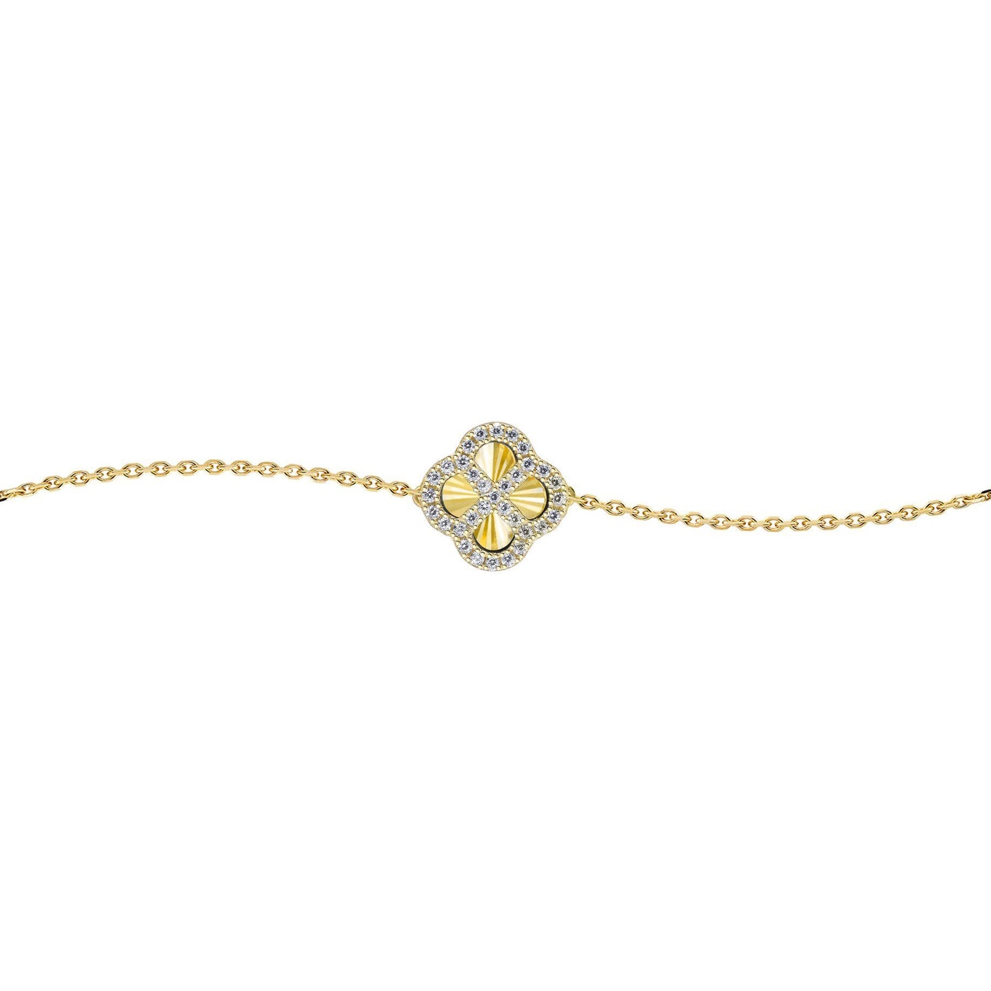 Gold-plated Silver  CZ Fluted Clover Kiss Charm Bracelet 6-7.5" - 8-29-2772