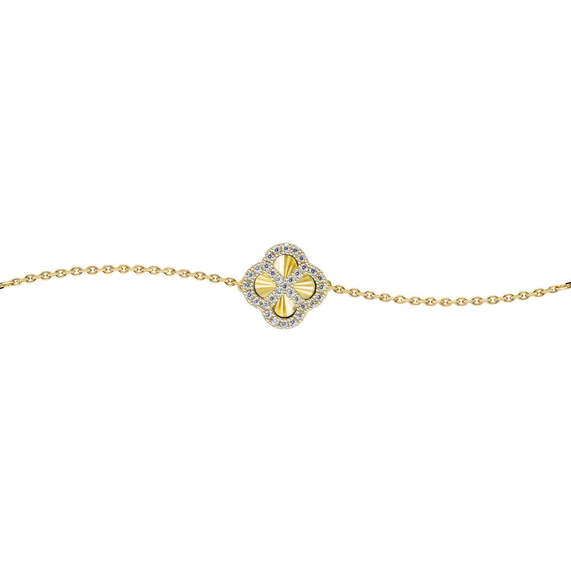 Gold-plated Silver  CZ Fluted Clover Kiss Charm Bracelet 6-7.5" - 8-29-2772