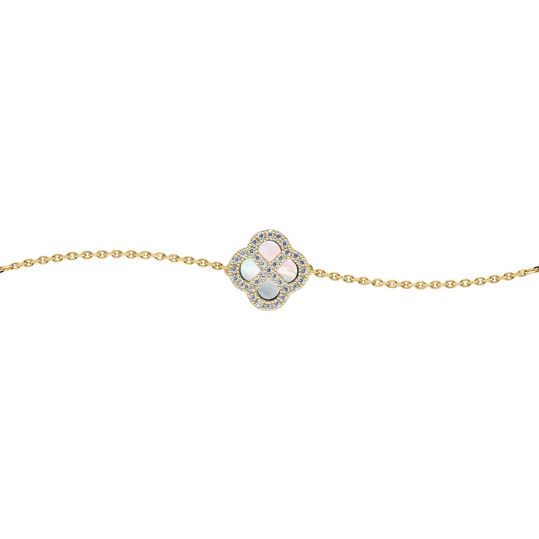 Gold-plated Silver  CZ Mother o'Pearl Clover Kiss Charm Bracelet - 8-29-2872