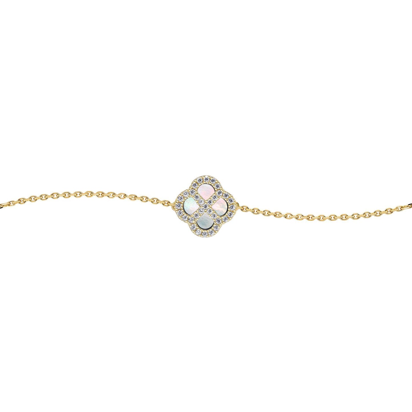 Gold-plated Silver  CZ Mother o'Pearl Clover Kiss Charm Bracelet - 8-29-2872