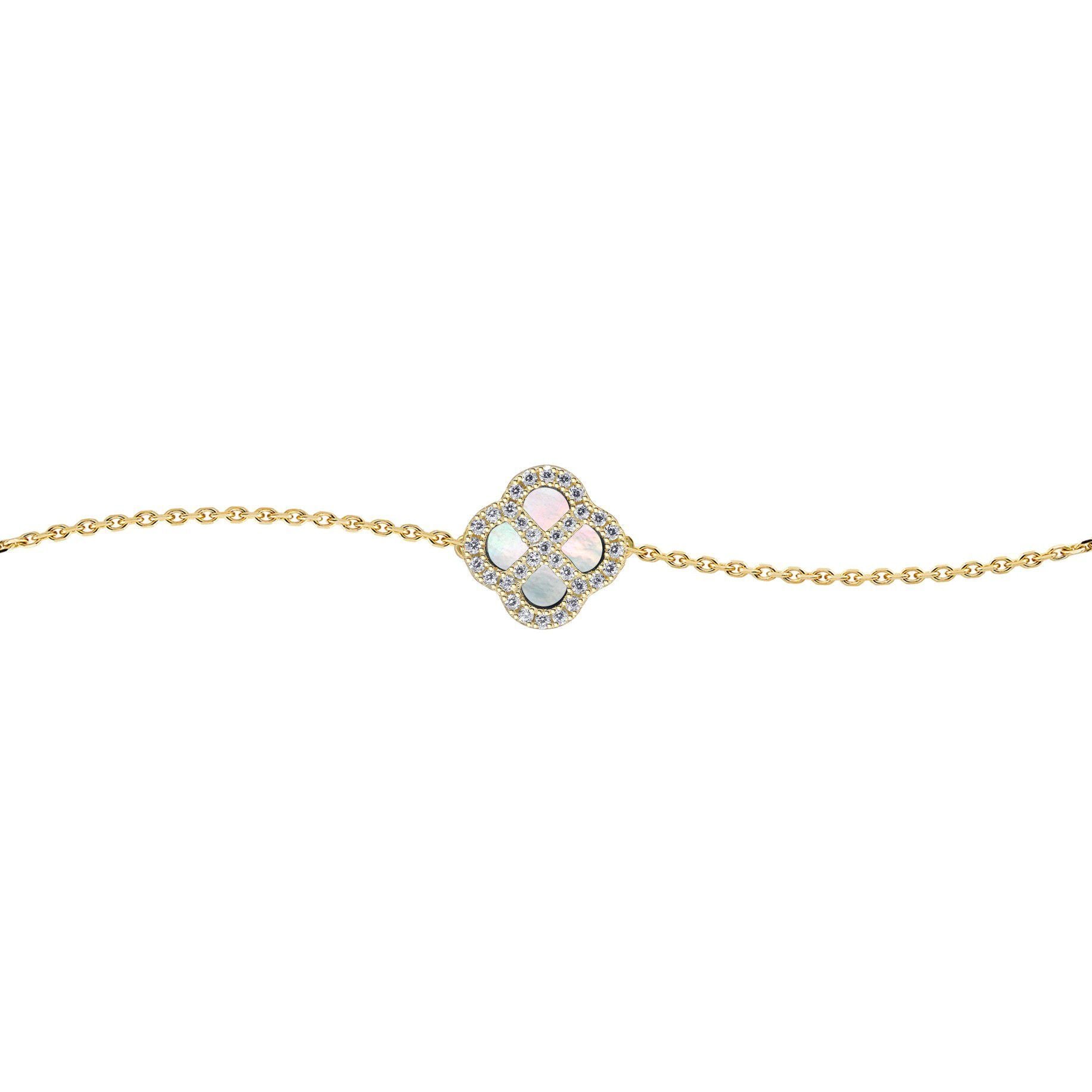 Gold-plated Silver  CZ Mother o'Pearl Clover Kiss Charm Bracelet - 8-29-2872