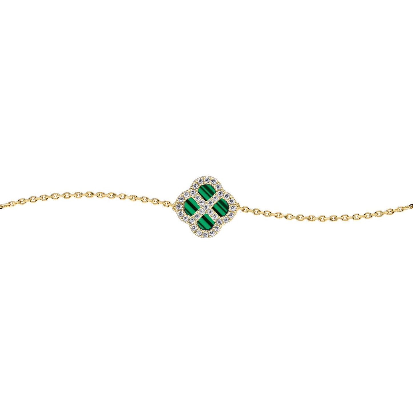 Gold-plated Silver  CZ Malachite Clover Kiss Charm Bracelet 6-7.5" - 8-29-2882