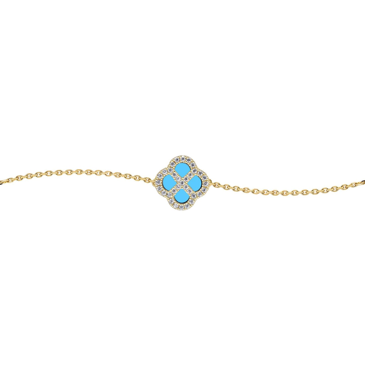 Gold-plated Silver  CZ Turquoise Clover Kiss Charm Bracelet 6-7.5" - 8-29-2892
