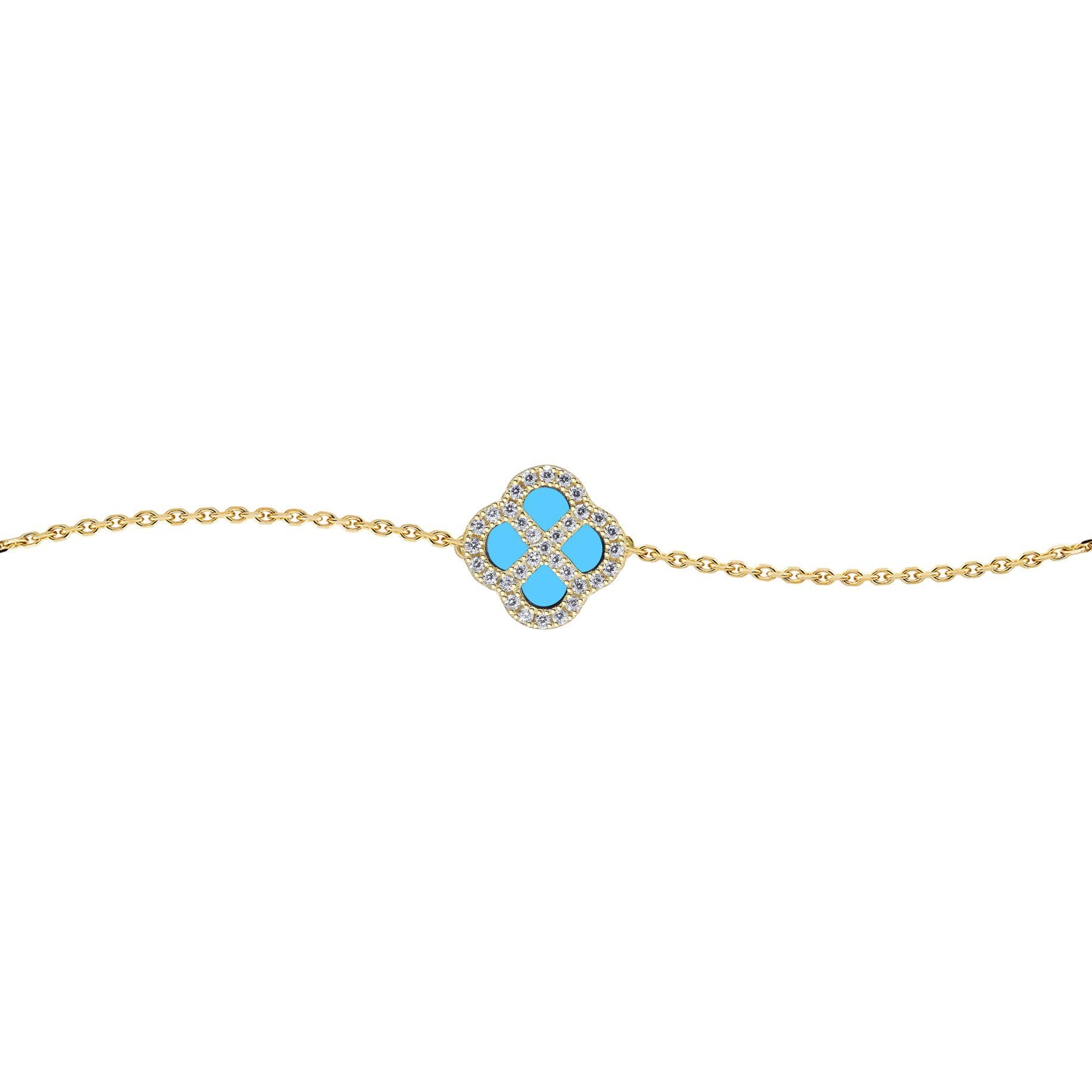 Gold-plated Silver  CZ Turquoise Clover Kiss Charm Bracelet 6-7.5" - 8-29-2892