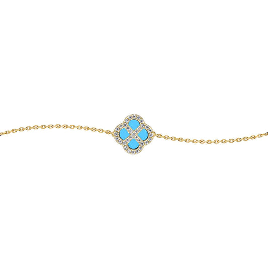 Gold-plated Silver  CZ Turquoise Clover Kiss Charm Bracelet 6-7.5" - 8-29-2892