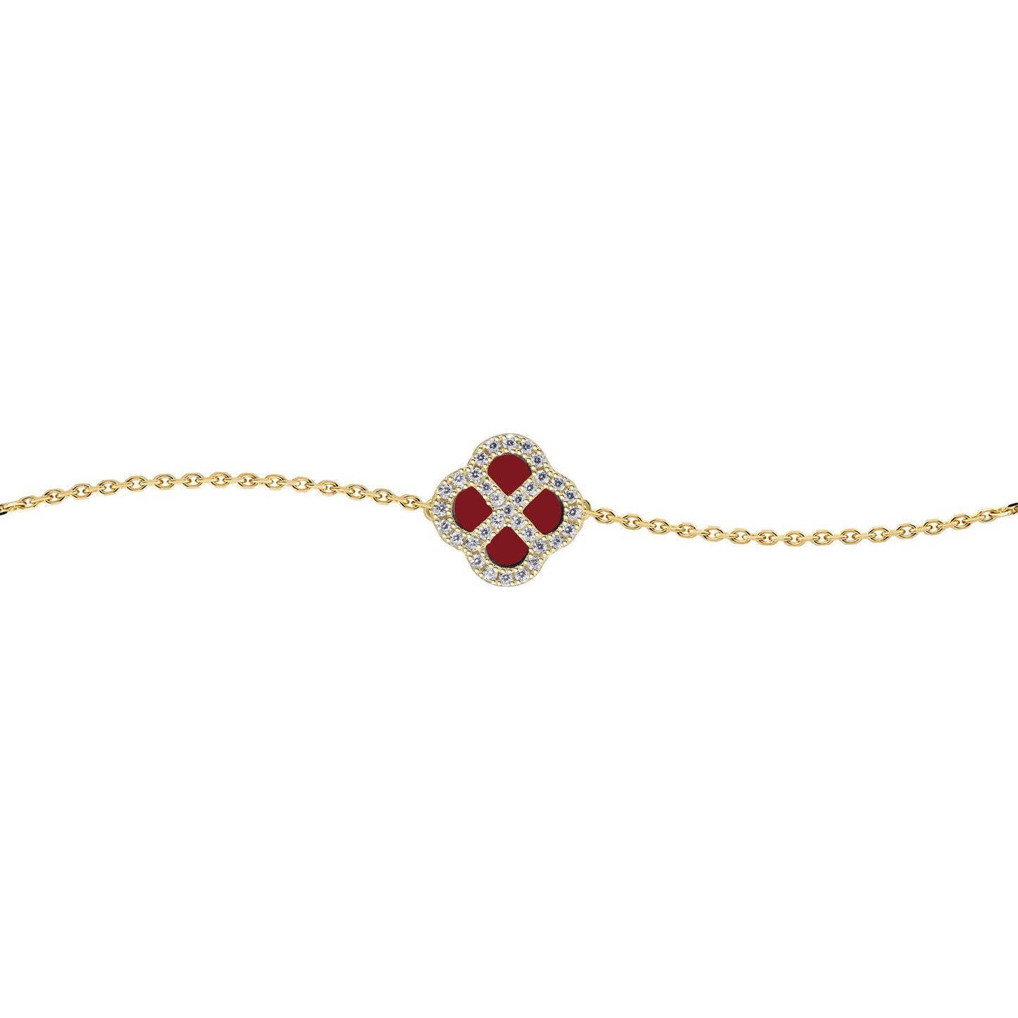 Gold-plated Silver  CZ Red Agate Clover Kiss Charm Bracelet 6-7.5" - 8-29-2902