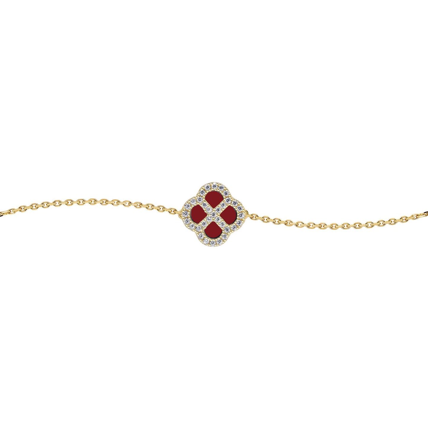 Gold-plated Silver  CZ Red Agate Clover Kiss Charm Bracelet 6-7.5" - 8-29-2902