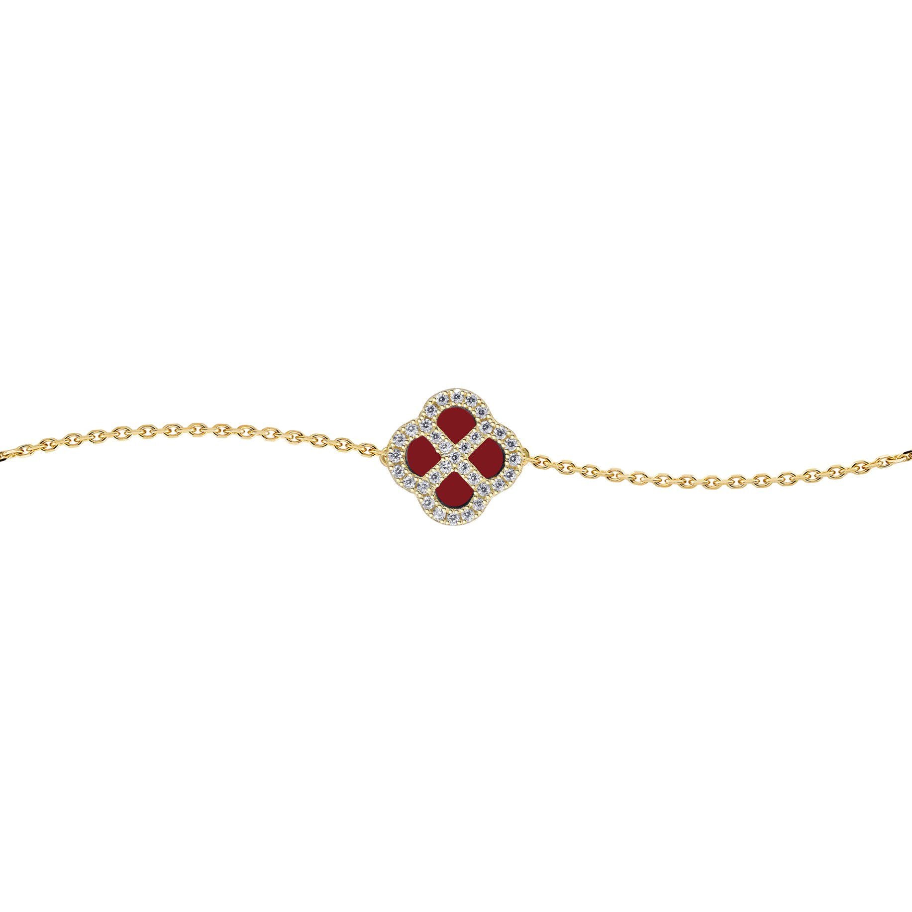 Gold-plated Silver  CZ Red Agate Clover Kiss Charm Bracelet 6-7.5" - 8-29-2902