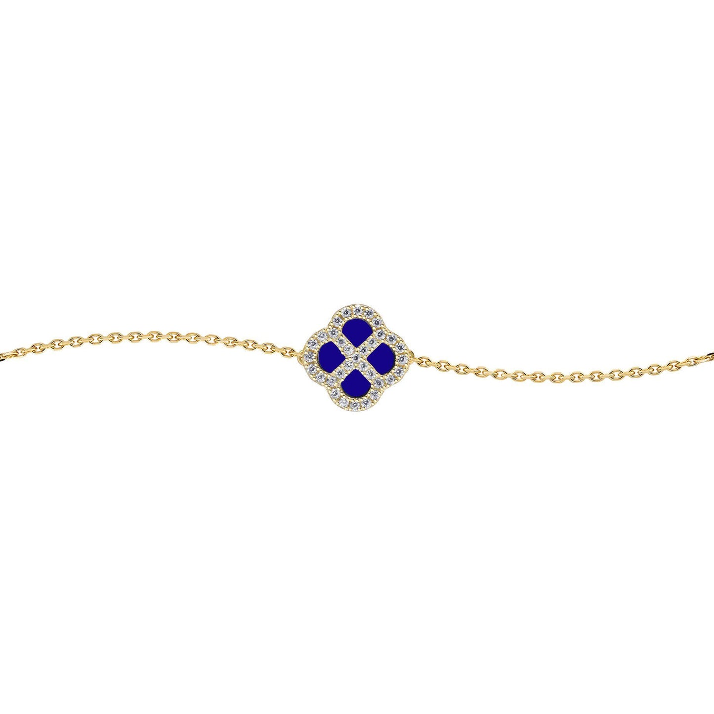 Gold-plated Silver  CZ Blue Lapis Clover Kiss Charm Bracelet 7.5" - 8-29-2912