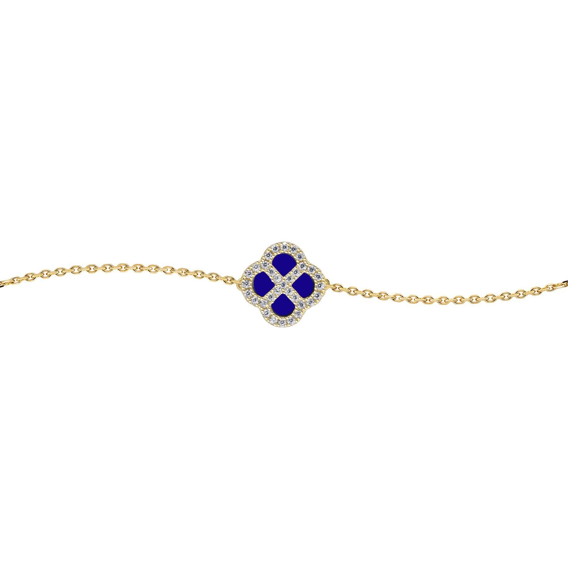 Gold-plated Silver  CZ Blue Lapis Clover Kiss Charm Bracelet 7.5" - 8-29-2912