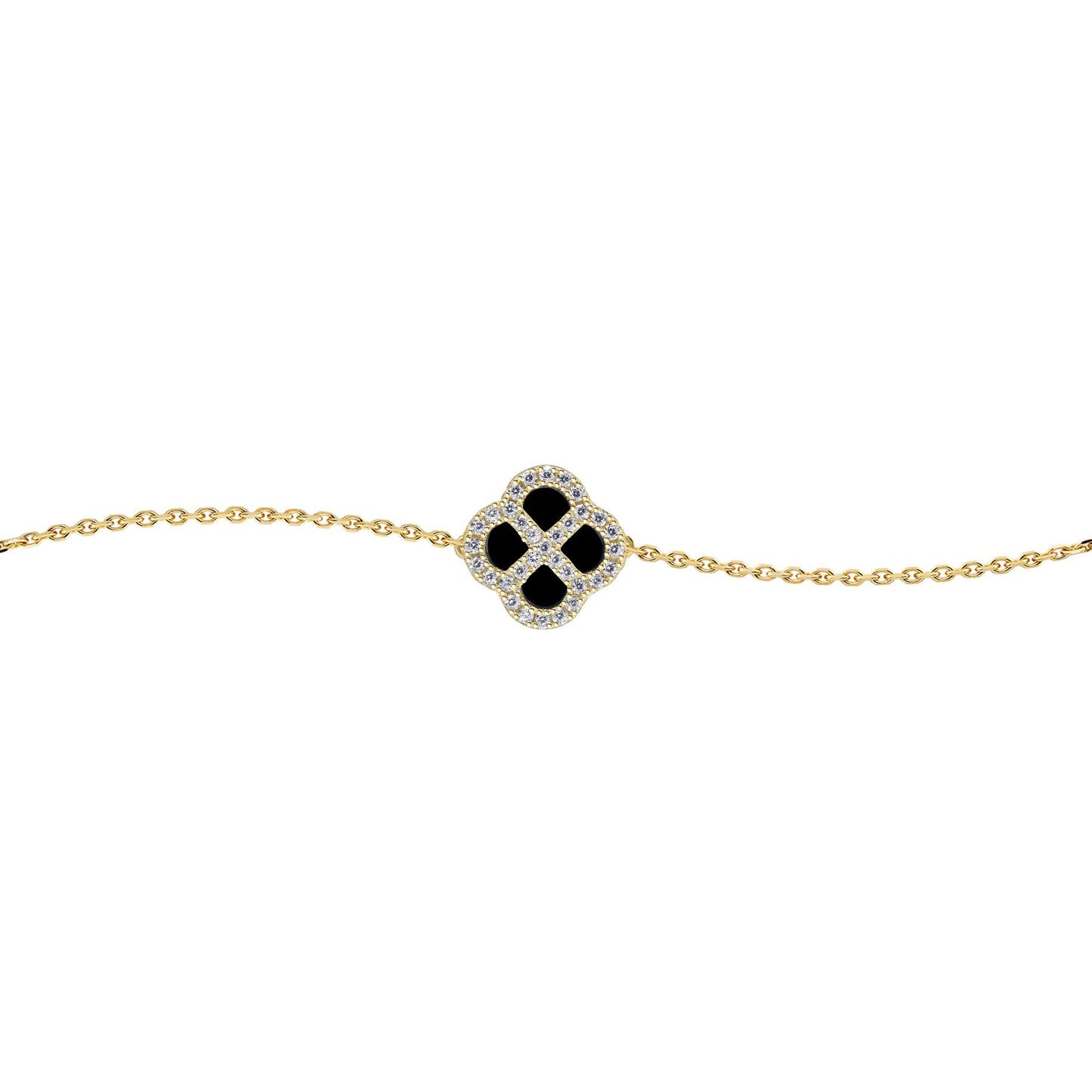 Gold-plated Silver  CZ Onyx Clover Kiss Charm Bracelet 6-7.5" - 8-29-2922
