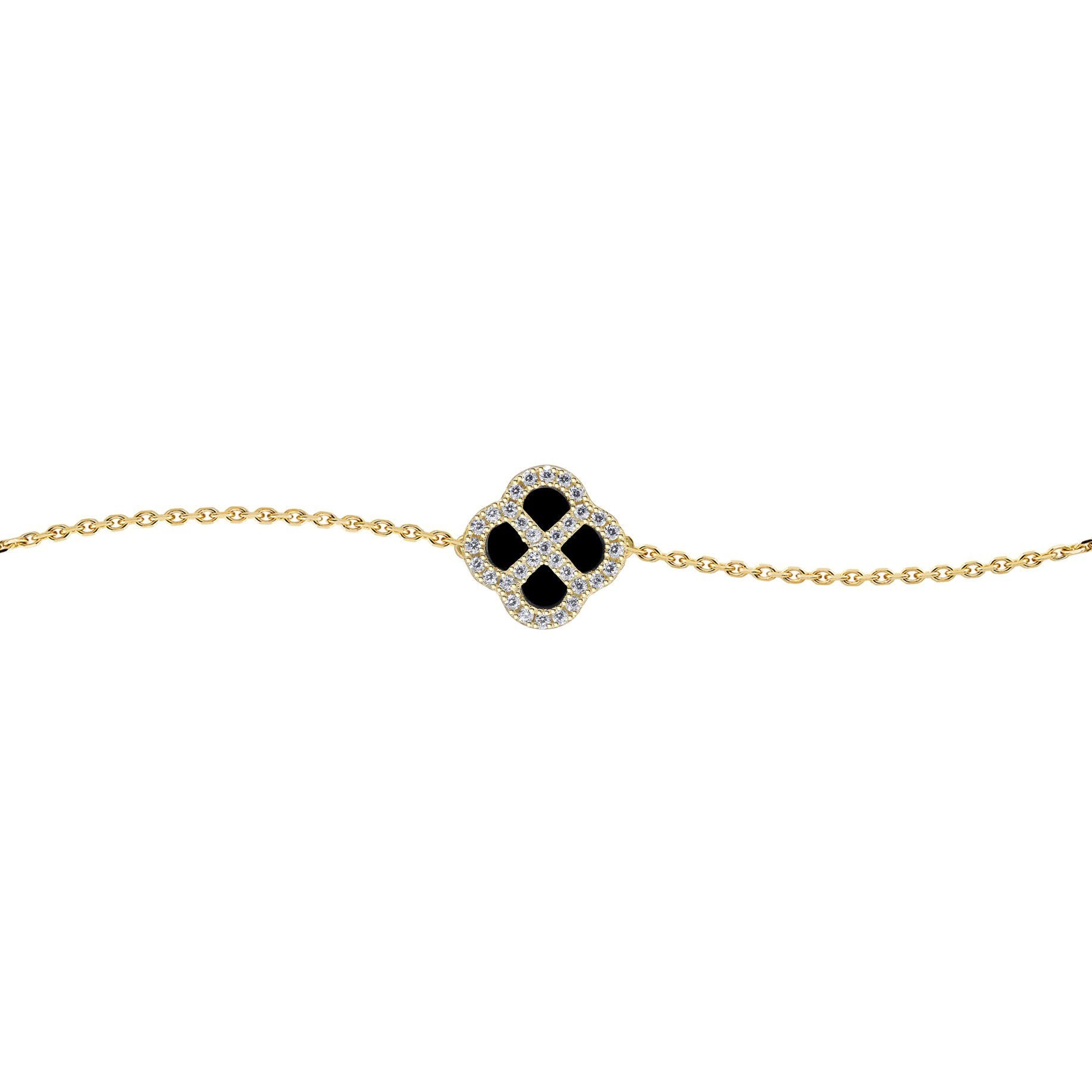 Gold-plated Silver  CZ Onyx Clover Kiss Charm Bracelet 6-7.5" - 8-29-2922