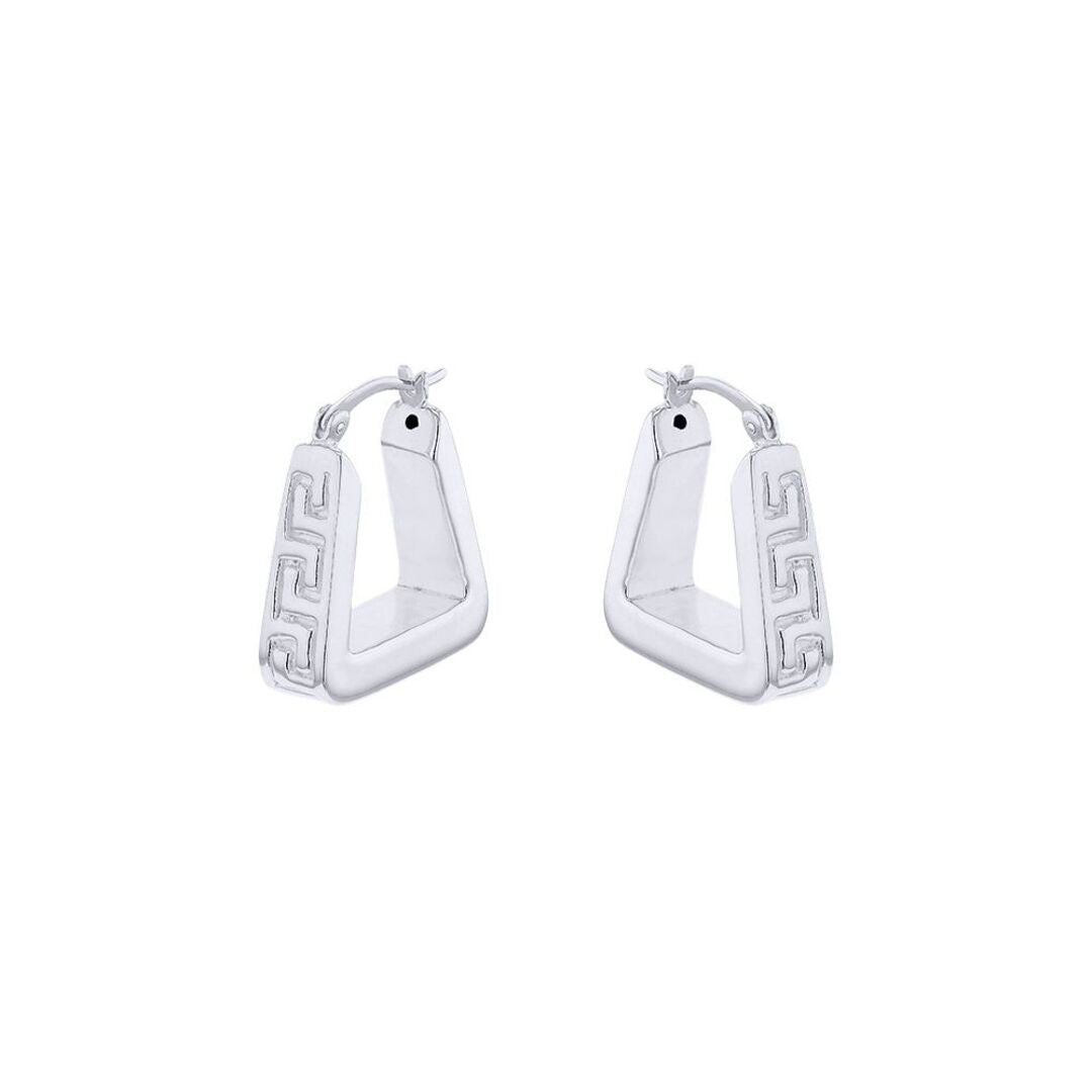 Silver  Rectangular Tube Greek Key Pyramid Hoop Creole Earrings - 8-52-0021