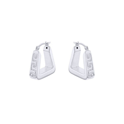 Silver  Rectangular Tube Greek Key Pyramid Hoop Creole Earrings - 8-52-0021