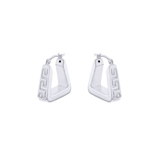 Silver  Rectangular Tube Greek Key Pyramid Hoop Creole Earrings - 8-52-0021