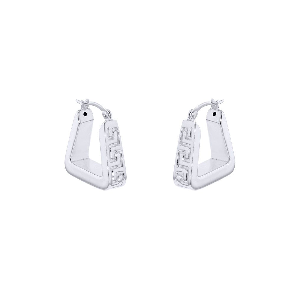 Silver  Rectangular Tube Greek Key Pyramid Hoop Creole Earrings - 8-52-0021
