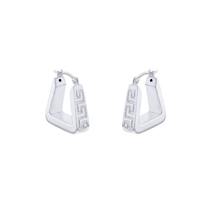 Silver  Rectangular Tube Greek Key Pyramid Hoop Creole Earrings - 8-52-0021