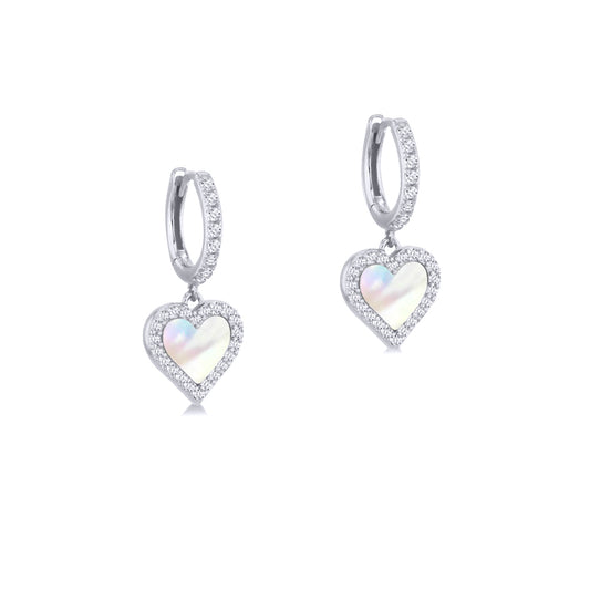 Silver  Rainbow Mother of Pearl CZ Heart Halo Huggie Drop Earrings - 8-53-0018