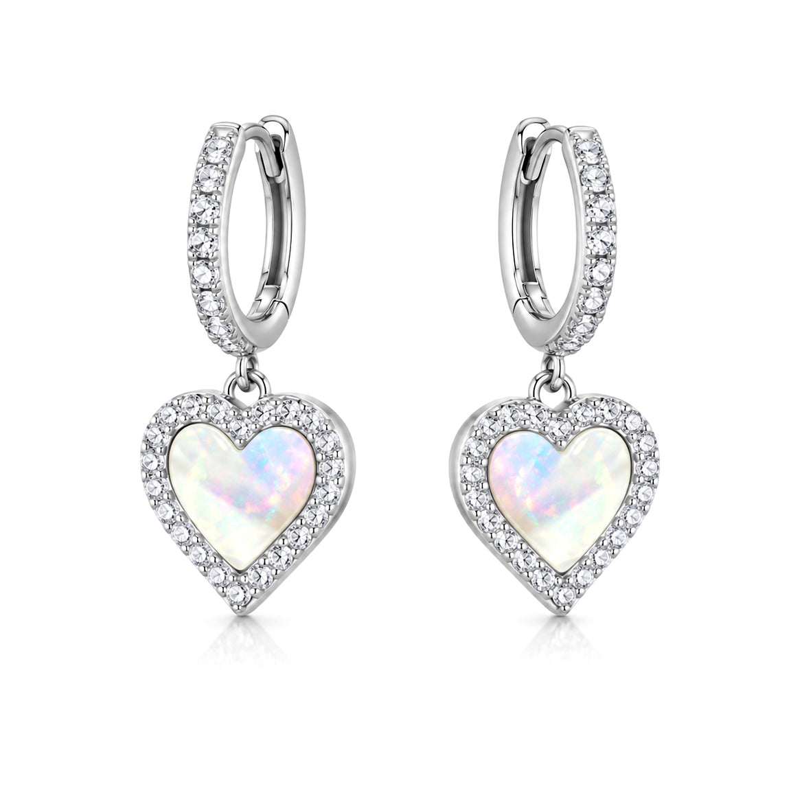 Silver  Rainbow Mother of Pearl CZ Heart Halo Huggie Drop Earrings - 8-53-0018
