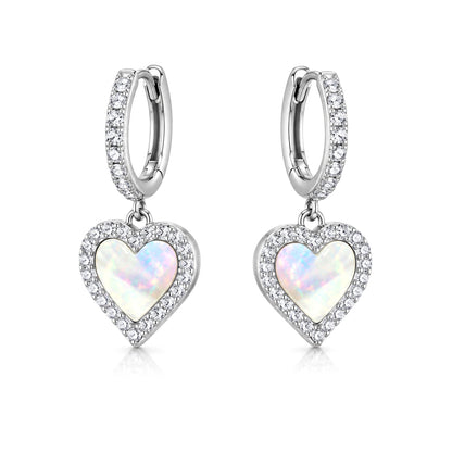 Silver  Rainbow Mother of Pearl CZ Heart Halo Huggie Drop Earrings - 8-53-0018