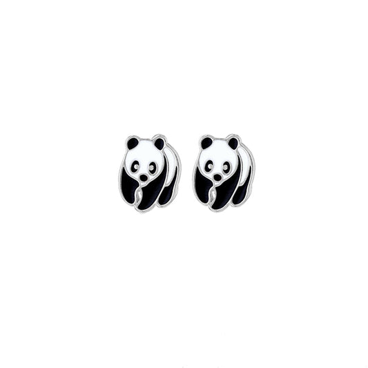 Sterling Silver  Black White Enamel Panda Stud Earrings 11mm - 8-55-9483