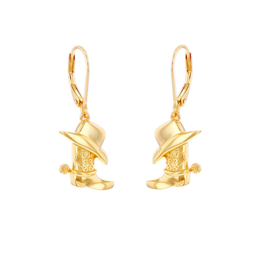 Gold-plated Silver  Cowboy Cowgirl Hat & Boots Drop Earrings - 8-56-0008