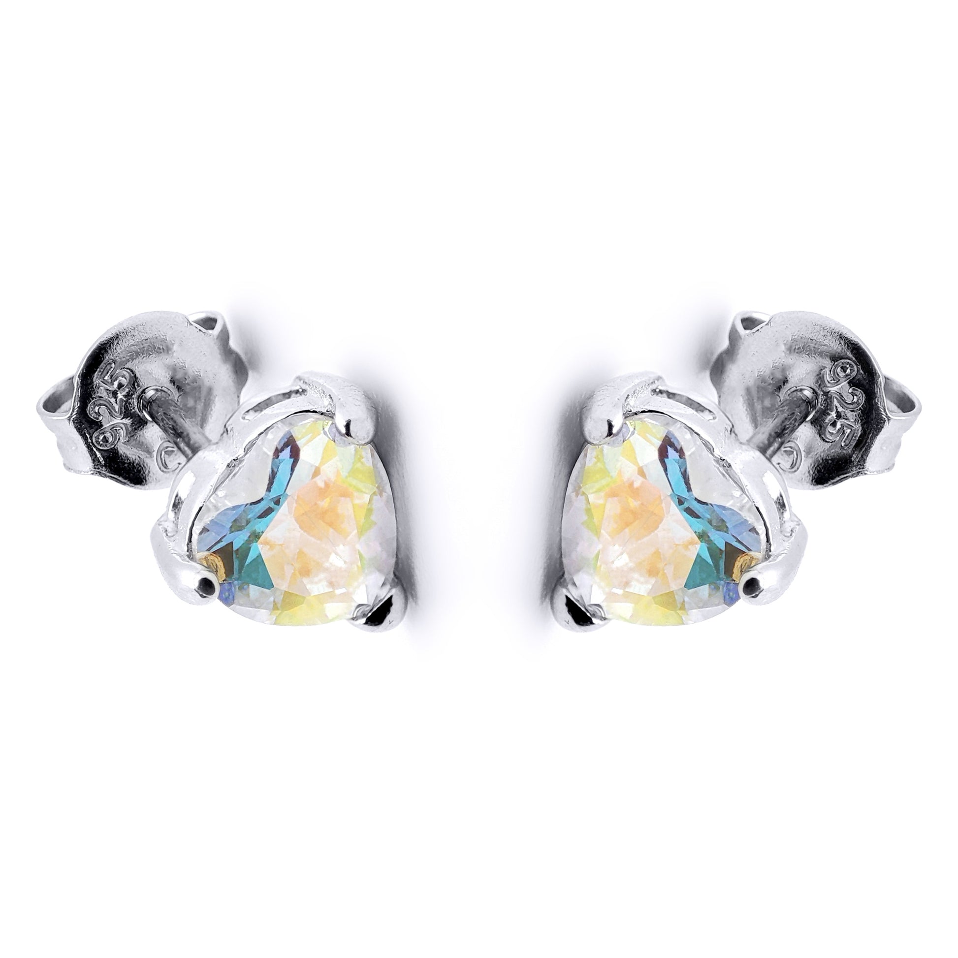Silver  Aurora Borealis CZ Solitaire Love Stud Earrings 6mm - 8-57-9479